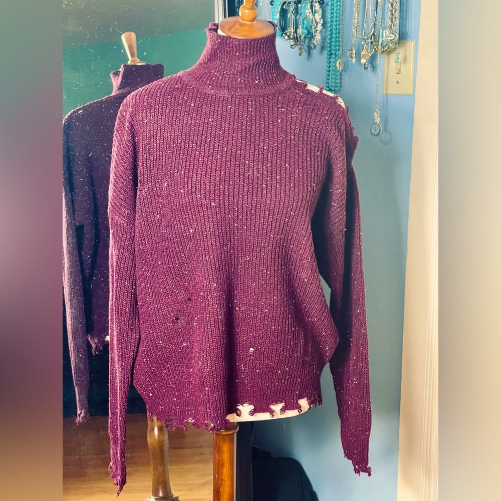 Zenana Distressed Turtle Neck Sweater